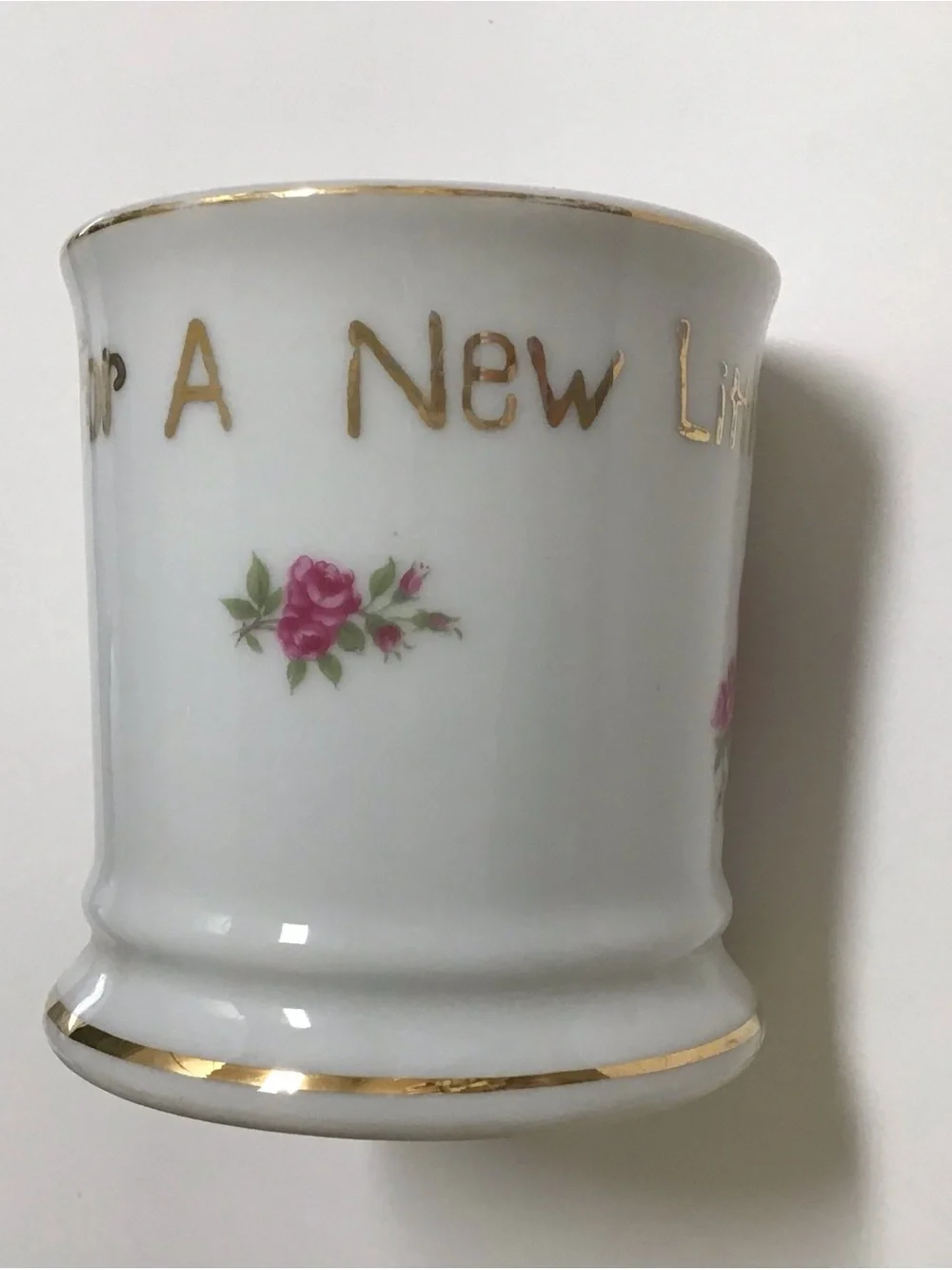 Vintage Shaving Mug FOR A LITTLE SHAVER Girl’s White Pink Roses Bouquet Ribbons